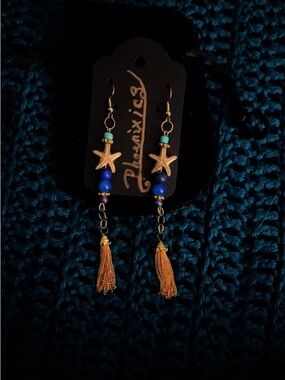 Phoenixic3 Starfish Tassel Drop Earrings w/Lapis Lazuli, Glass and Brass Beads